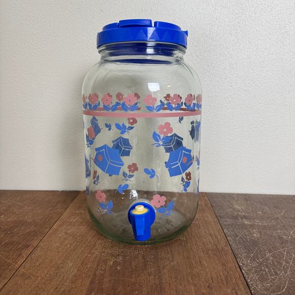 Vintage GALLON Blue Pink‎ Birdhouse Design Glass Drink Dispenser - Picture 10 of 11